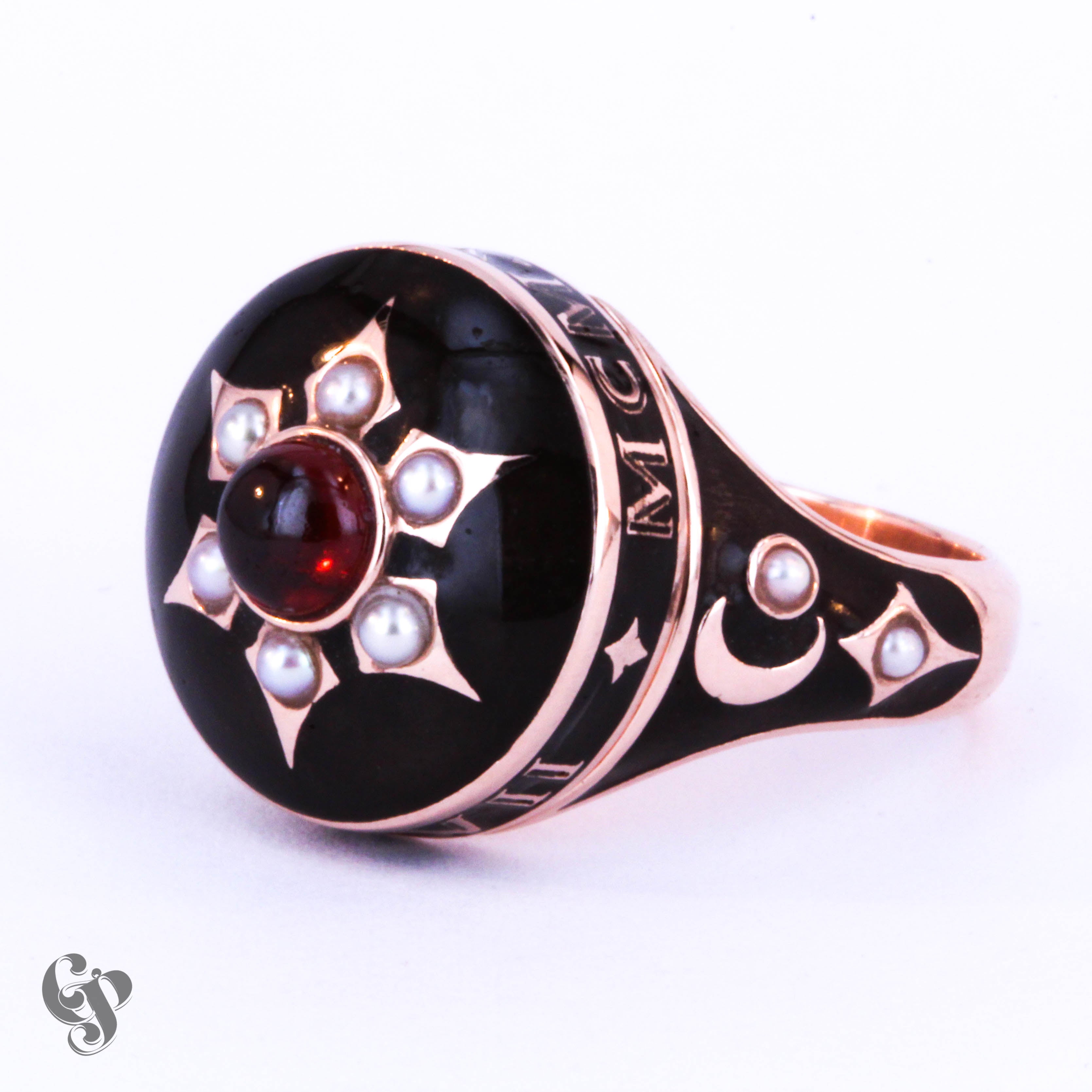Rose Gold, Black Enamel, Garnet and Seed Pearl Memorial Ring