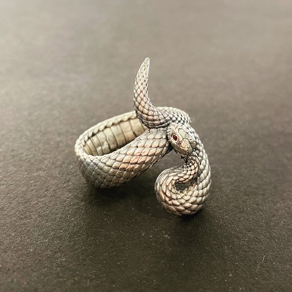 Sterling Silver Ruby Eyed Snake Ring