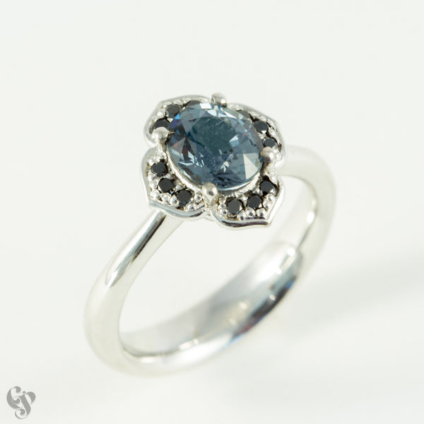 White Gold Grey Spinel and Black Diamond Ring