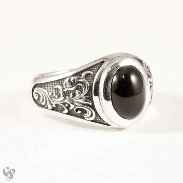 Sterling Silver Onyx Ring with Engraved Shoulder Detail