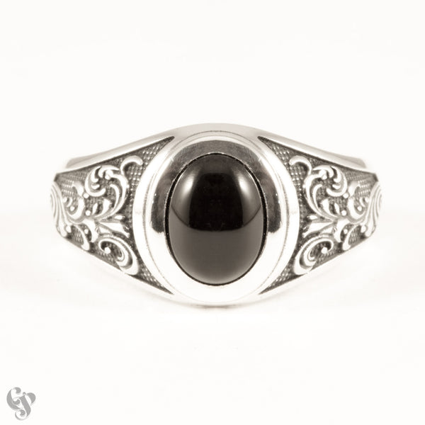 Sterling Silver Onyx Ring with Engraved Shoulder Detail