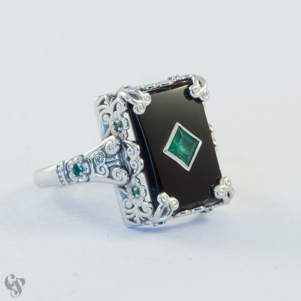 White Gold  Onyx and Emerald Filigree Ring