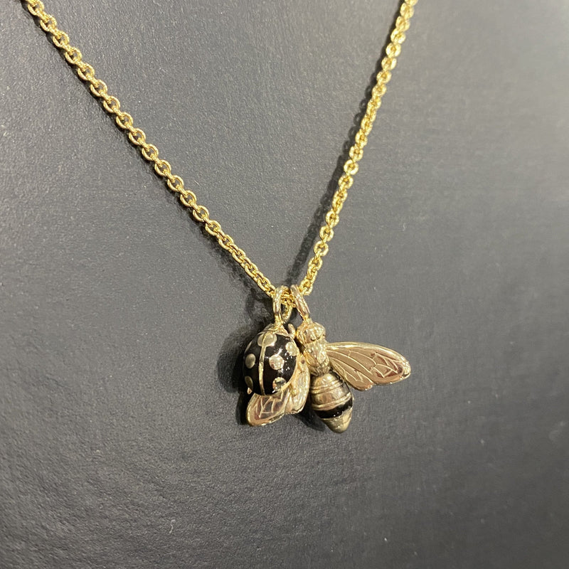 9 Carat Yellow Gold, Black Enamel Bee and Lady Beetle Necklace