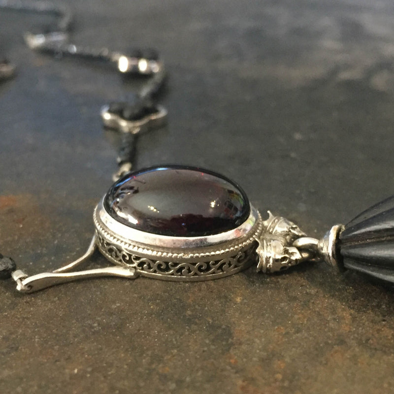 White Gold Memorial Necklace with Black Diamonds, Ebony and Garnet