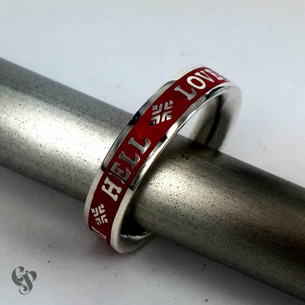 Sterling Silver Bukowski Ring with Red Enamel background