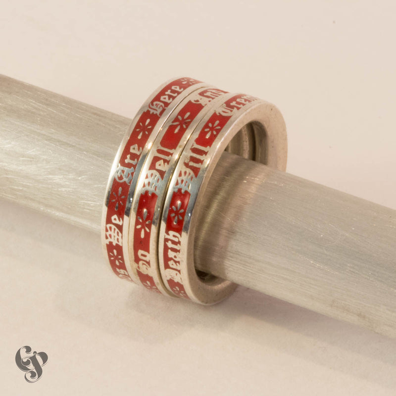Sterling Silver Bukowski Triple Stacking Ring with Red Enamel Background