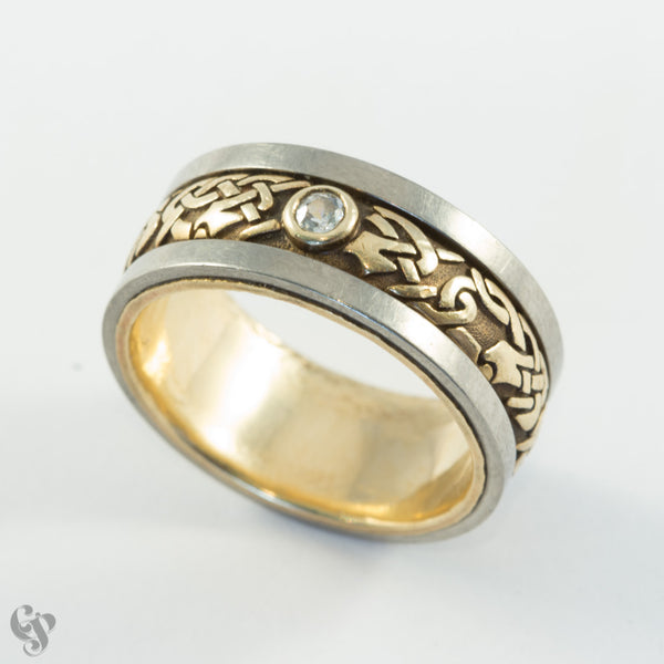 Norse Engraved Wedding Ring with Diamond and Titanium detail