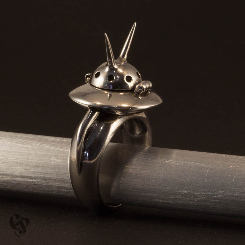 Sterling Silver UFO Poison Ring with Antennae