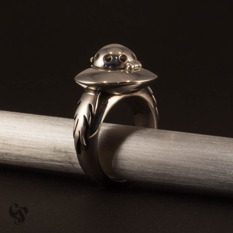 Sterling Silver UFO Poison Ring with Flames