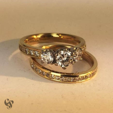Recycled Yellow Gold and Diamond Engagement and Wedding Ring Pair
