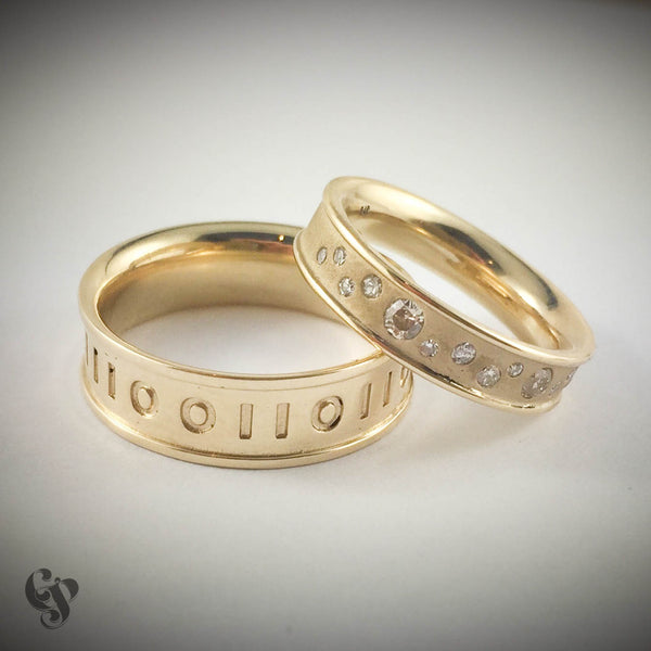 Recycled Yellow Gold and Diamonds Wedding Ring pair with Binary Code Detail