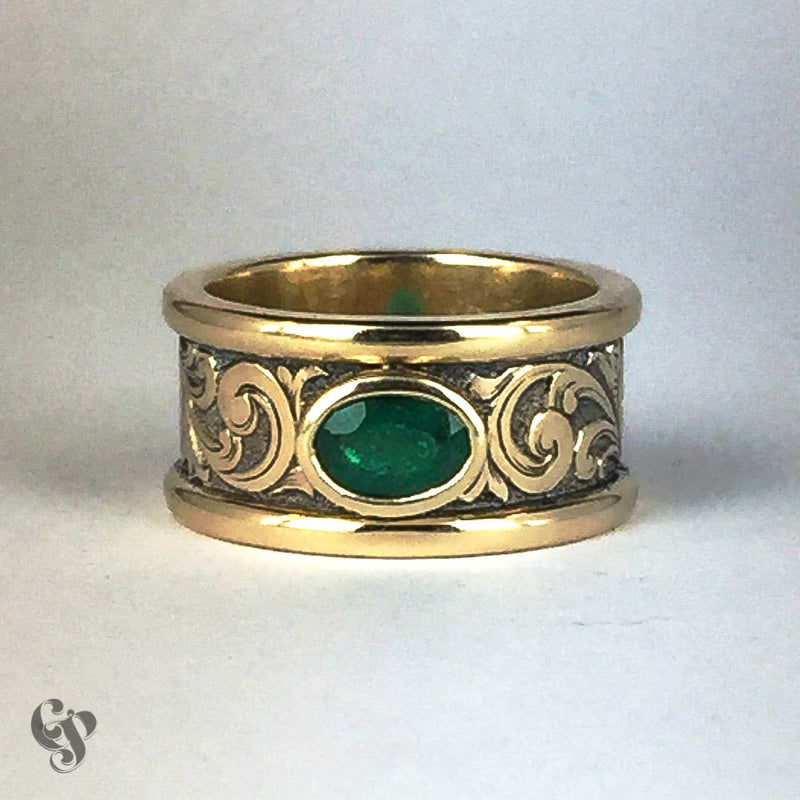 Recycled Yellow Gold Hand Engraved Emerald Ring