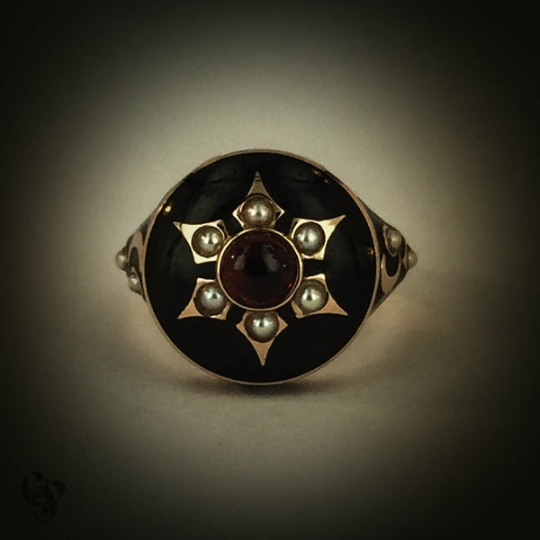 Rose Gold, Black Enamel, Garnet and Seed Pearl Memorial Ring