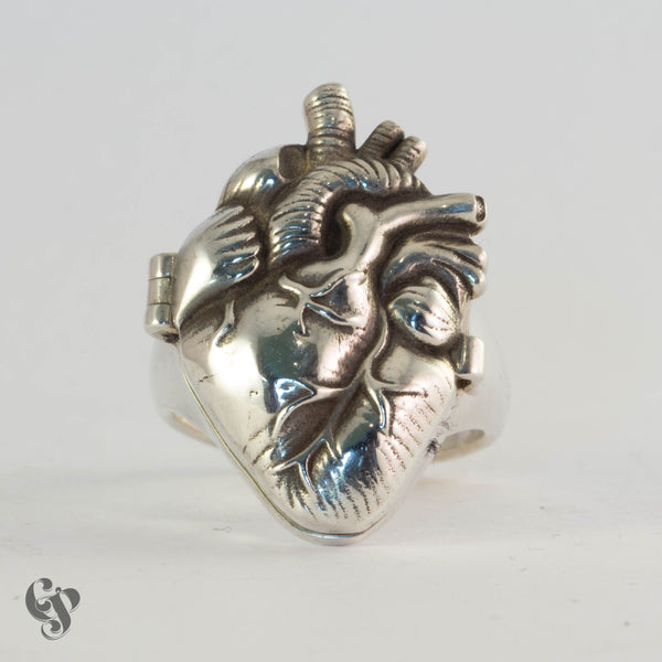 Sterling Silver Anatomical Heart Poison Ring with Red Enamel Interior