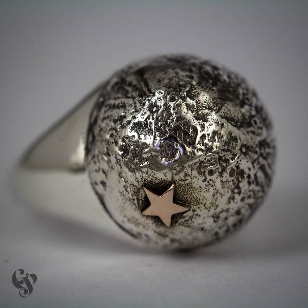Sterling Silver Topographical White Moon Map Ring with Star