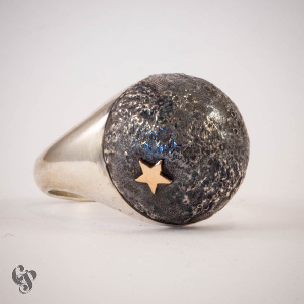 Sterling Silver Topographical Black Moon Map Ring with Star