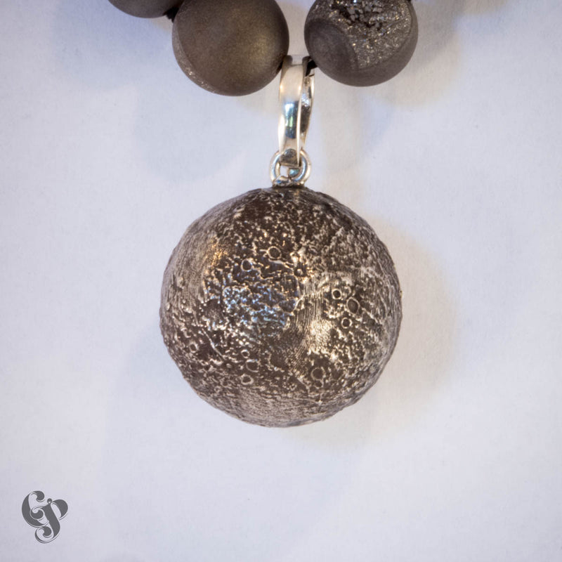 Sterling Silver Topograhical Moon Map Pendant on Grey Druzy Strand