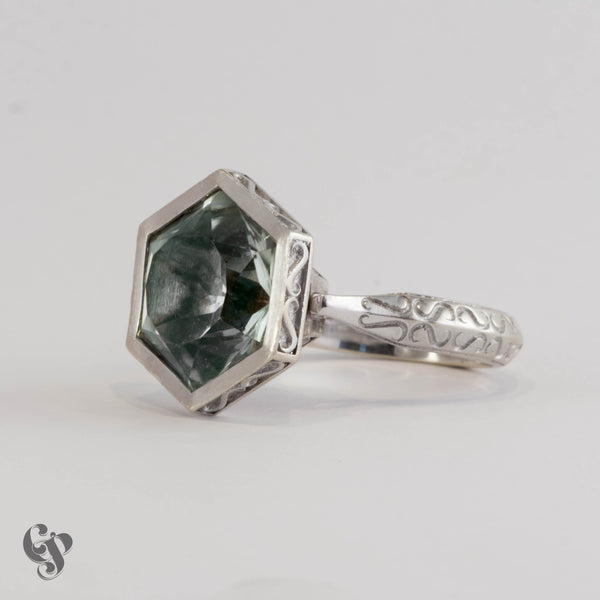 "Titania" White Gold and Green Amethyst  Ring
