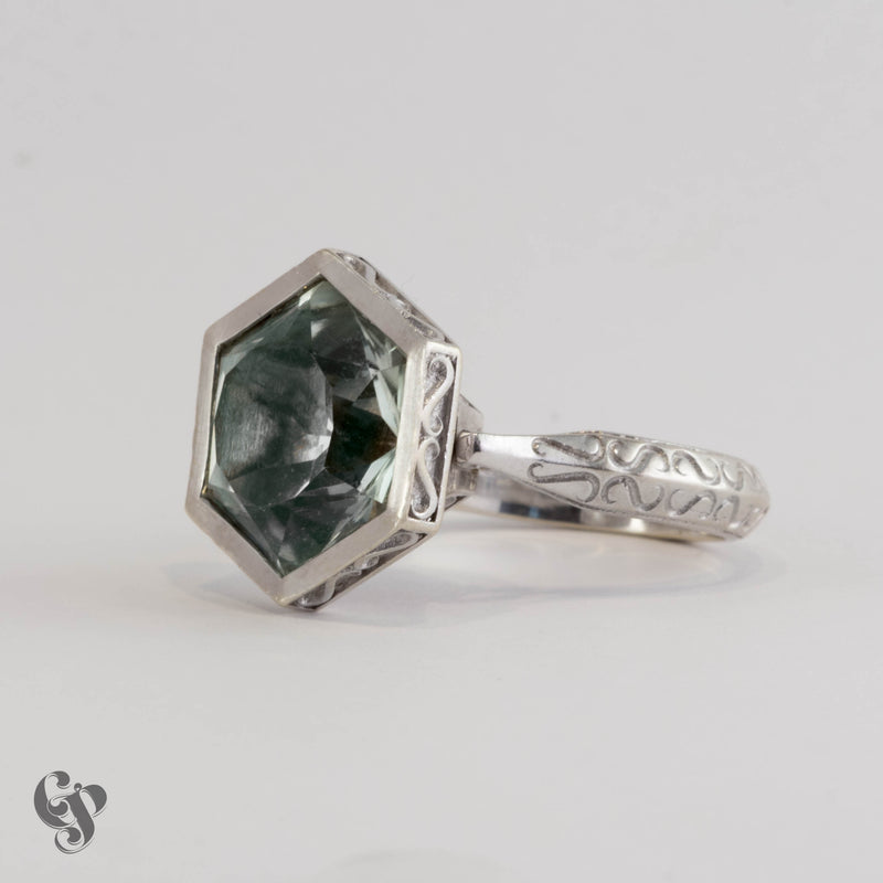 "Titania" White Gold and Green Amethyst  Ring