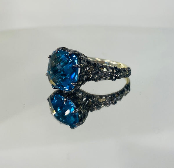 London Blue Topaz Black Diamond and White Gold Fleur-Dy-Lys Ring
